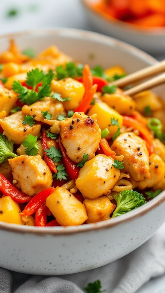 A delicious bowl of chicken and vegetable stir-fry with colorful peppers and broccoli.