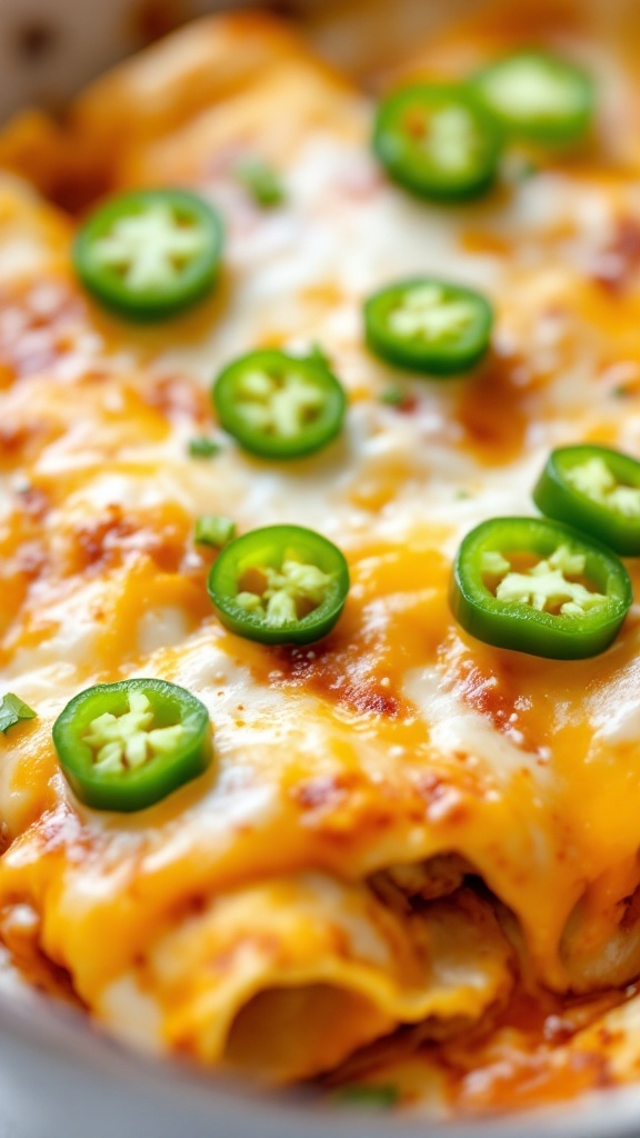 Delicious air fryer chicken enchiladas topped with jalapeños and melted cheese.