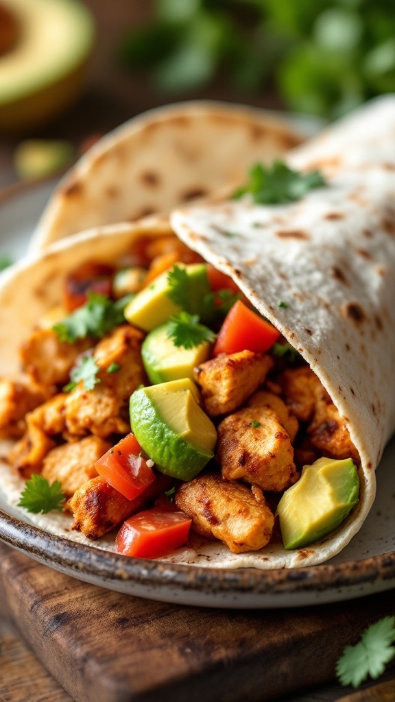 Delicious chicken fajitas wrapped in a tortilla with colorful vegetables.