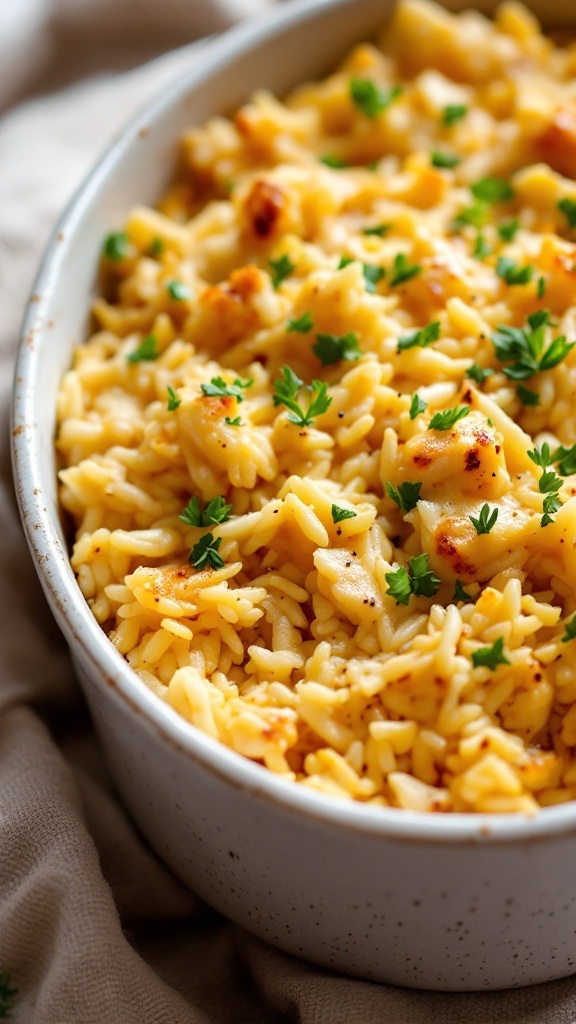 Air Fryer Chicken Rice Casserole in a dish garnished with parsley.