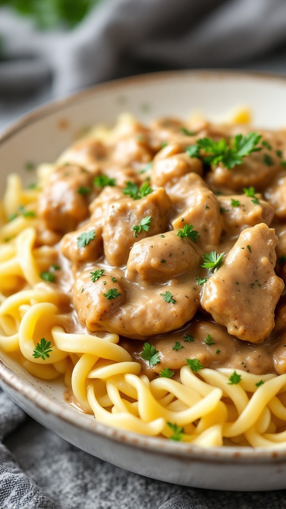 A plate of creamy chicken stroganoff served over egg noodles, garnished with parsley.