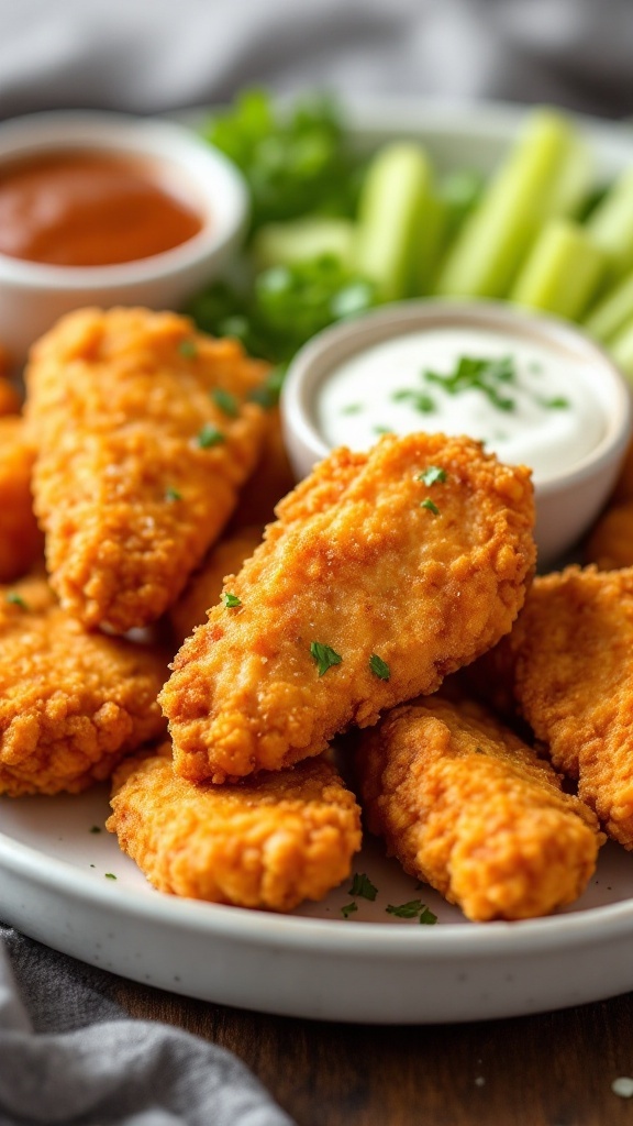 Crispy golden air fryer chicken tenders served with dipping sauces and celery