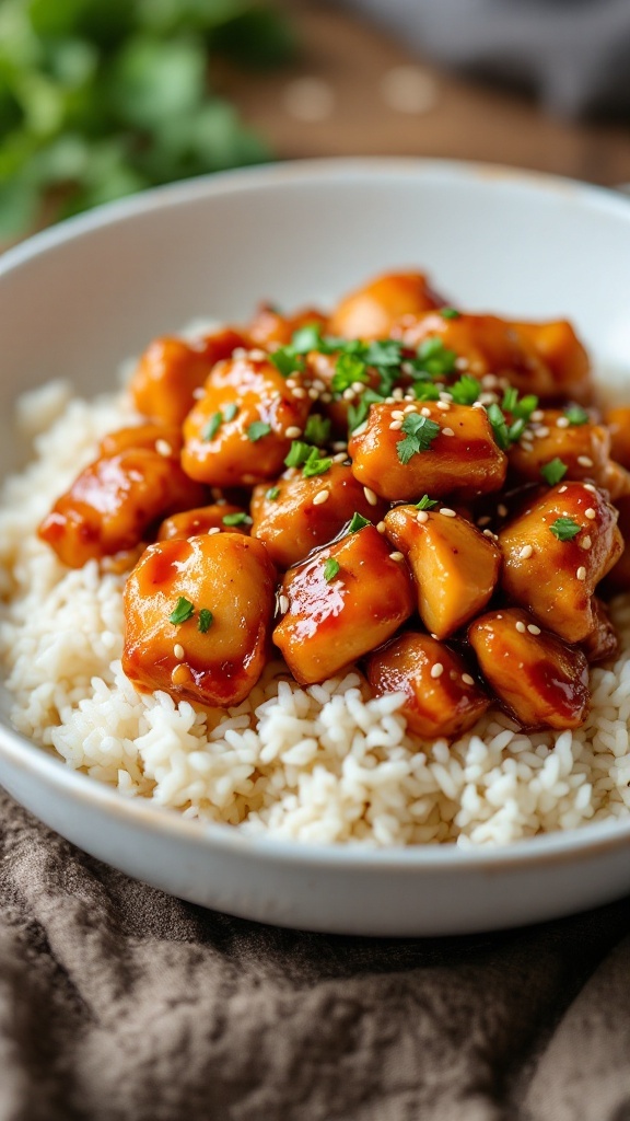 Air fryer teriyaki chicken served over rice with green onions.