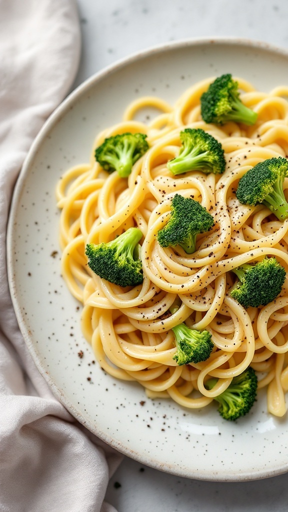 Plate of Alfredo Pasta with Broccoli garnished with black pepper