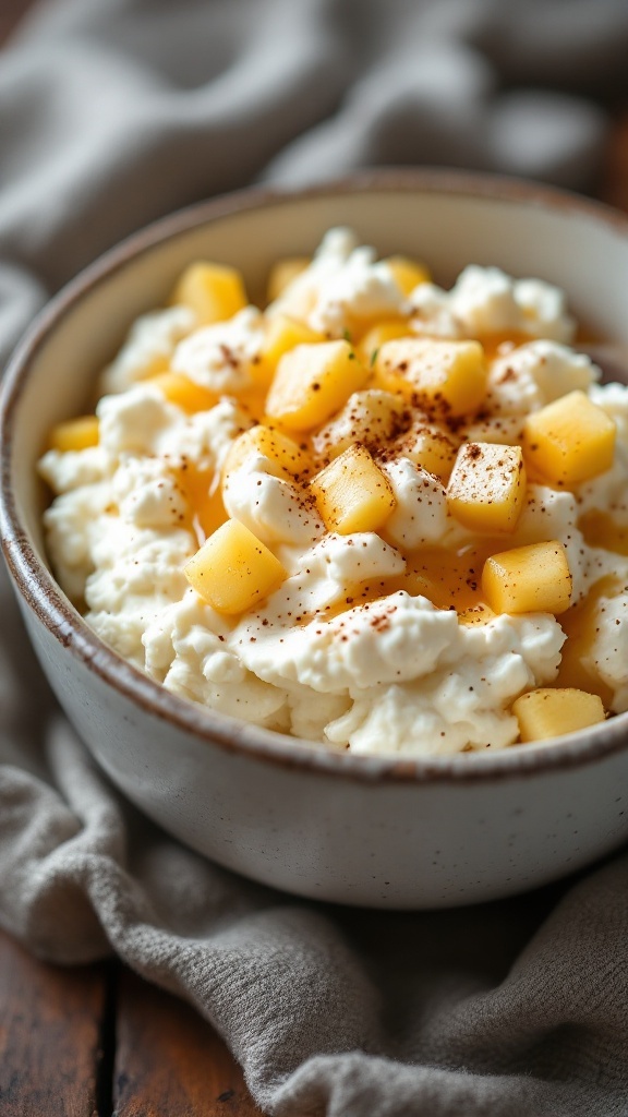 A bowl of cottage cheese topped with diced apples and cinnamon.