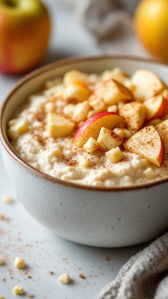 A bowl of apple cinnamon cottage cheese oats topped with diced apples and a sprinkle of cinnamon.