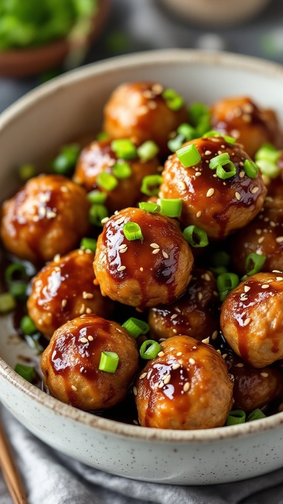 Bowl of Asian-inspired meatballs with green onions and sesame seeds