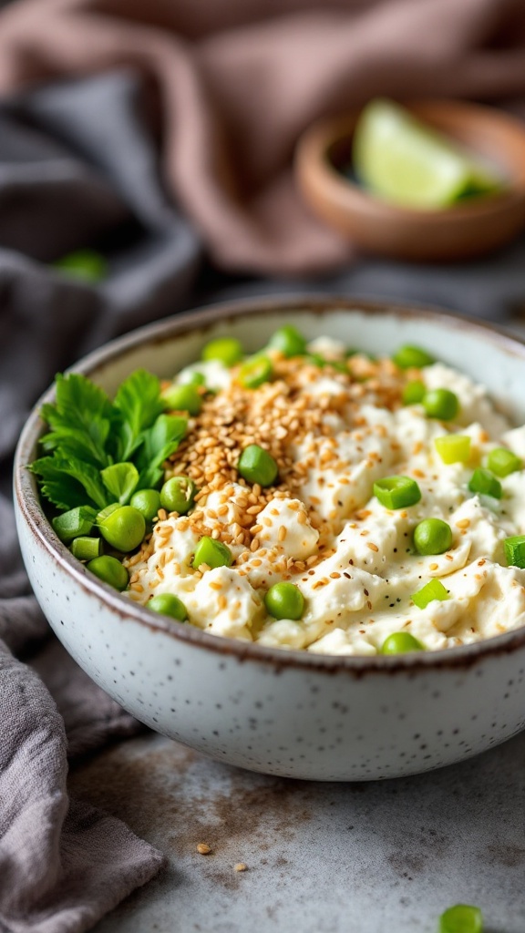A creamy cottage cheese bowl topped with green onions and sesame seeds.