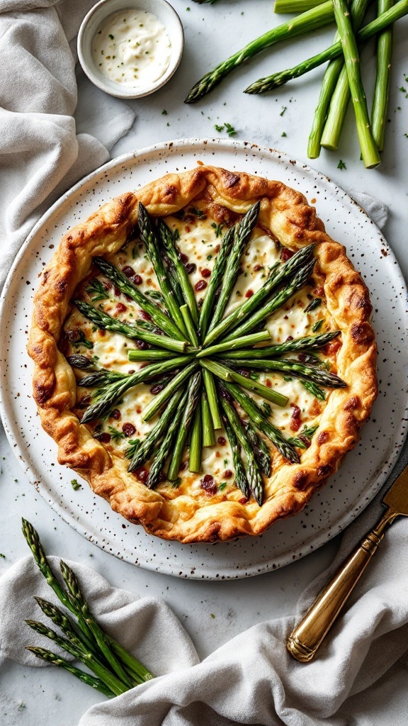 A delicious slice of asparagus and goat cheese quiche on a plate, garnished with herbs.