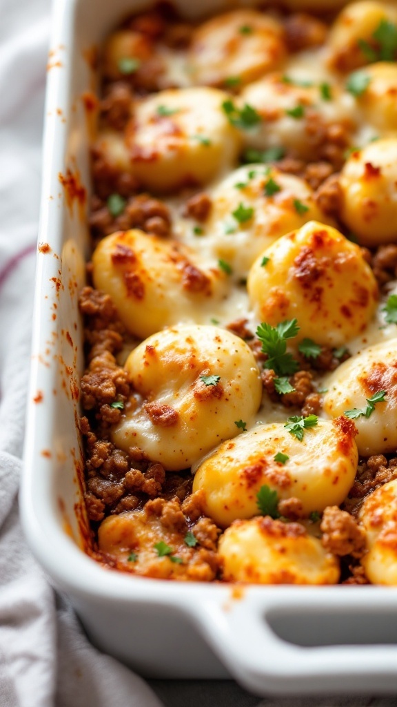 Baked gnocchi with ground meat topped with melted cheese