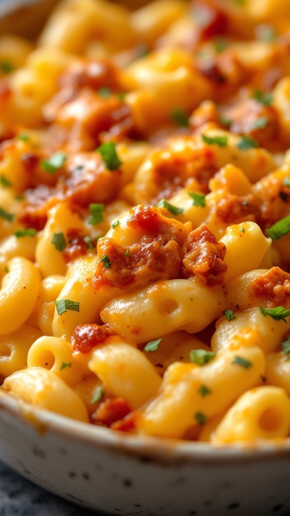 A comforting dish of baked kimchi mac and cheese, featuring creamy pasta and bold flavors.