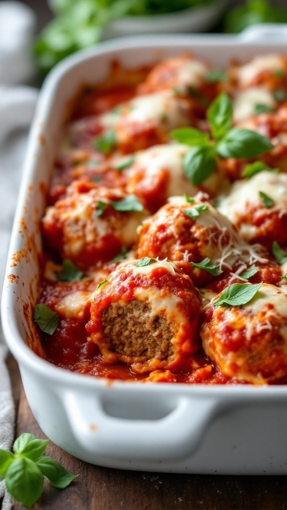 Baked meatballs in tomato sauce topped with melted cheese and fresh herbs.