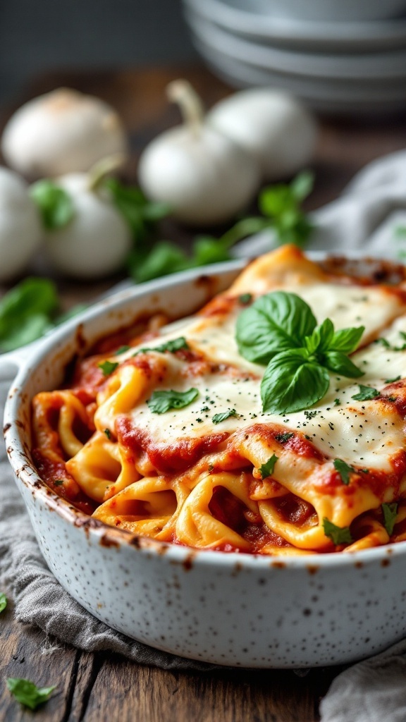 A delicious baked tortellini lasagna in a white dish with herbs on top.