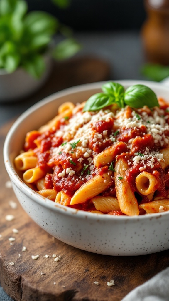 A bowl of baked ziti with marinara sauce and cheeses