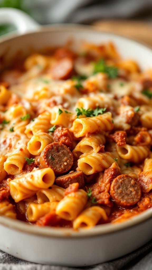 A delicious serving of baked ziti with Italian sausage, melted cheese, and pasta.