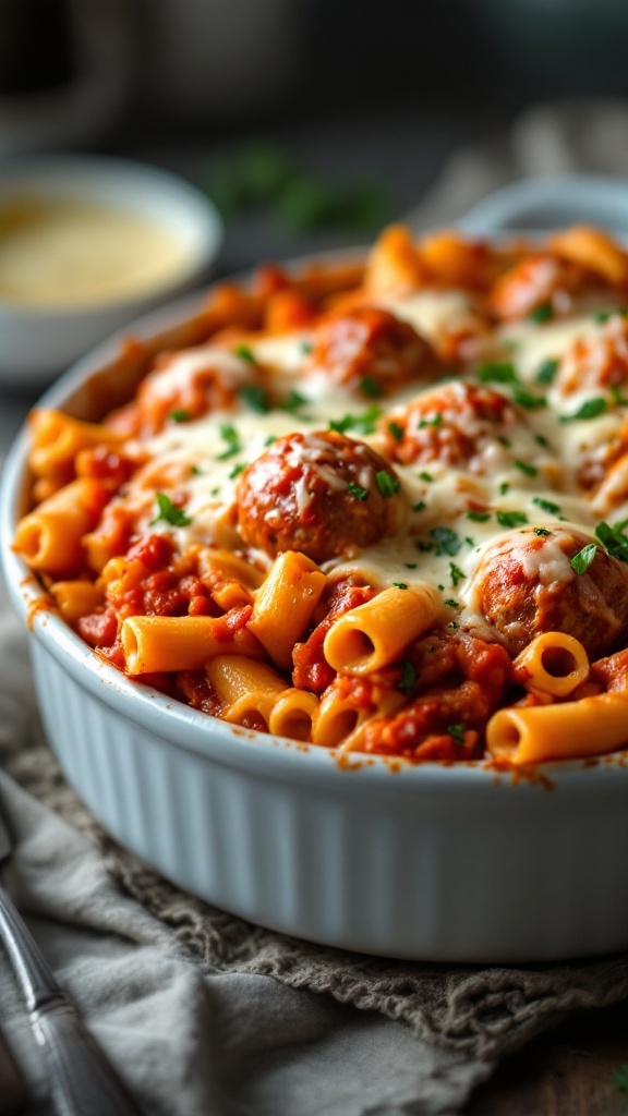 A comforting dish of baked ziti with meatballs, topped with melted cheese.
