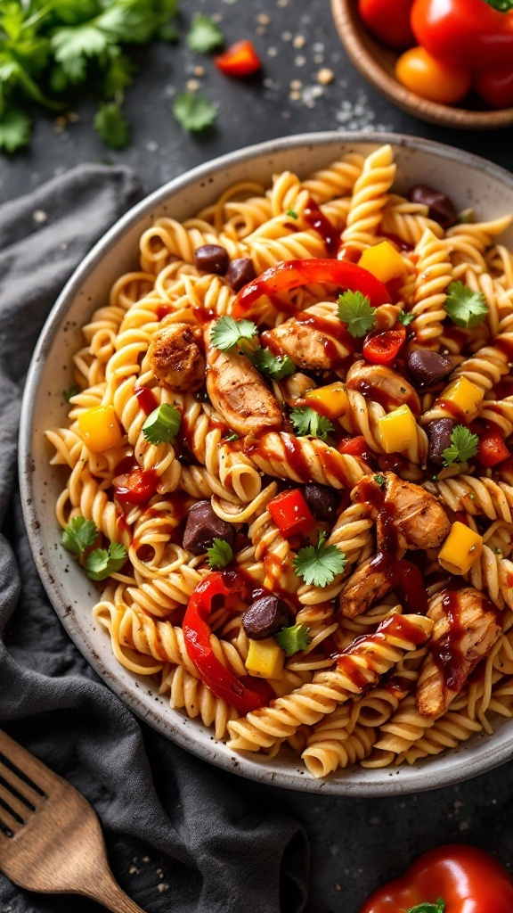 A delicious bowl of BBQ Chicken Pasta with colorful veggies and barbecue sauce.