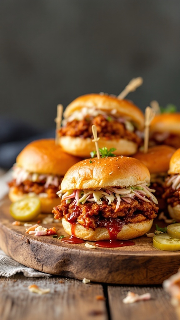 BBQ chicken sliders on a wooden platter, topped with coleslaw and pickles.