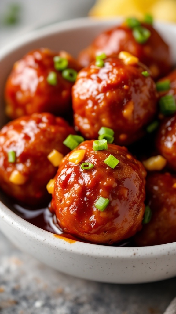 BBQ meatballs with pineapple glaze in a bowl, garnished with green onions.