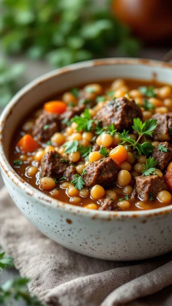 A bowl of hearty beef and barley stew with herbs.