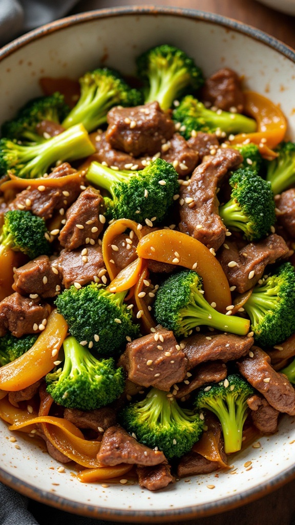 A delicious Beef and Broccoli Stir-Fry served with rice, showcasing vibrant vegetables and tender beef.