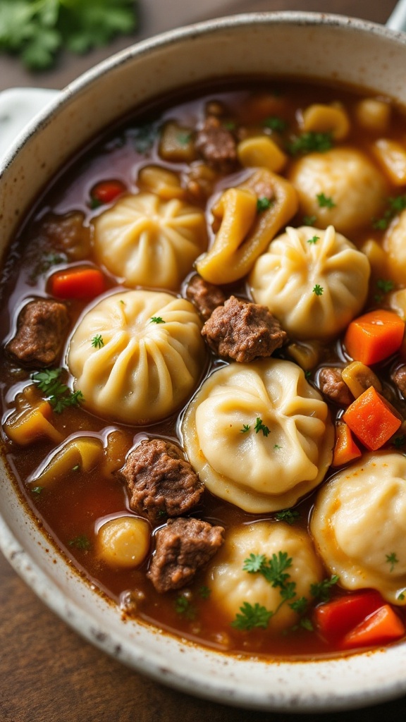 A delicious serving of beef and vegetable dumplings in a flavorful broth.