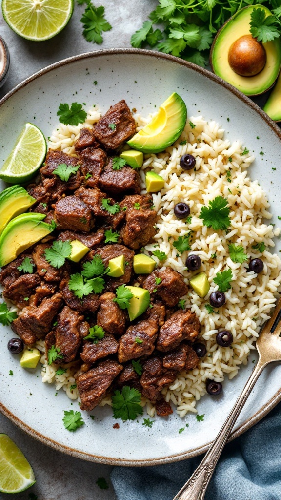 A plate of beef barbacoa served with cilantro-lime rice, garnished with avocado and lime.