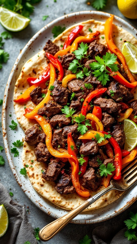 Sizzling beef fajitas with colorful bell peppers garnished with lime and cilantro.