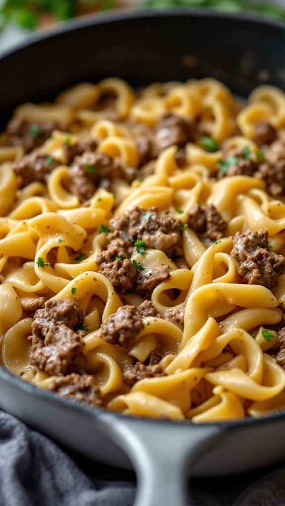 A delicious bowl of beef stroganoff one pot pasta.