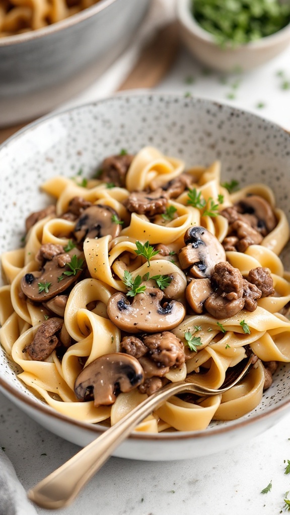 A bowl of Beef Stroganoff Pasta topped with fresh parsley and mushrooms.