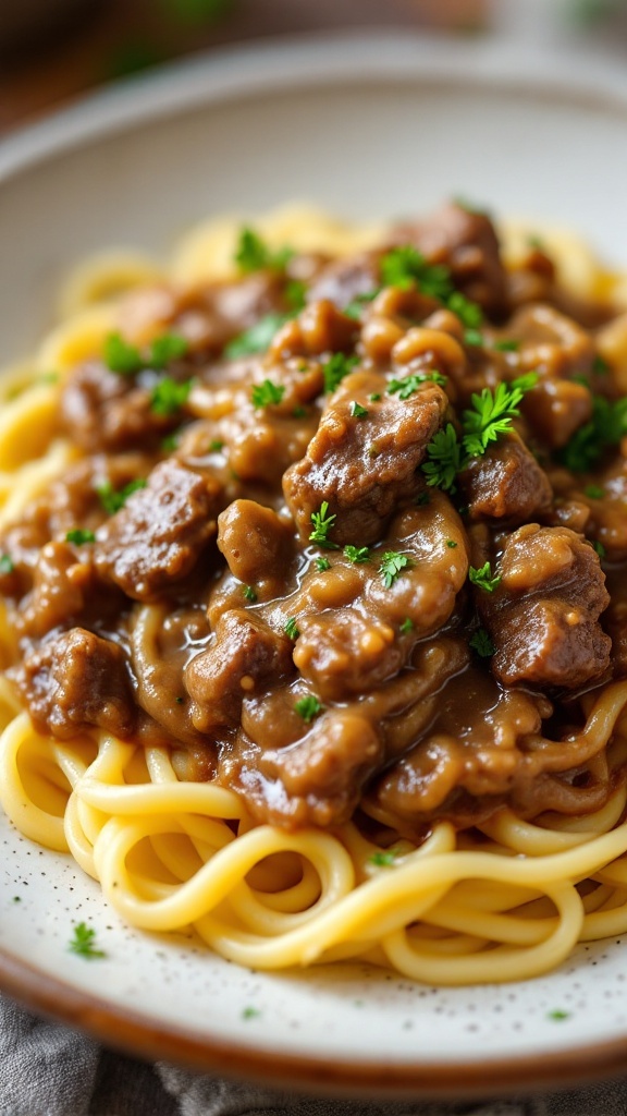 A plate of beef stroganoff served over egg noodles, garnished with parsley.