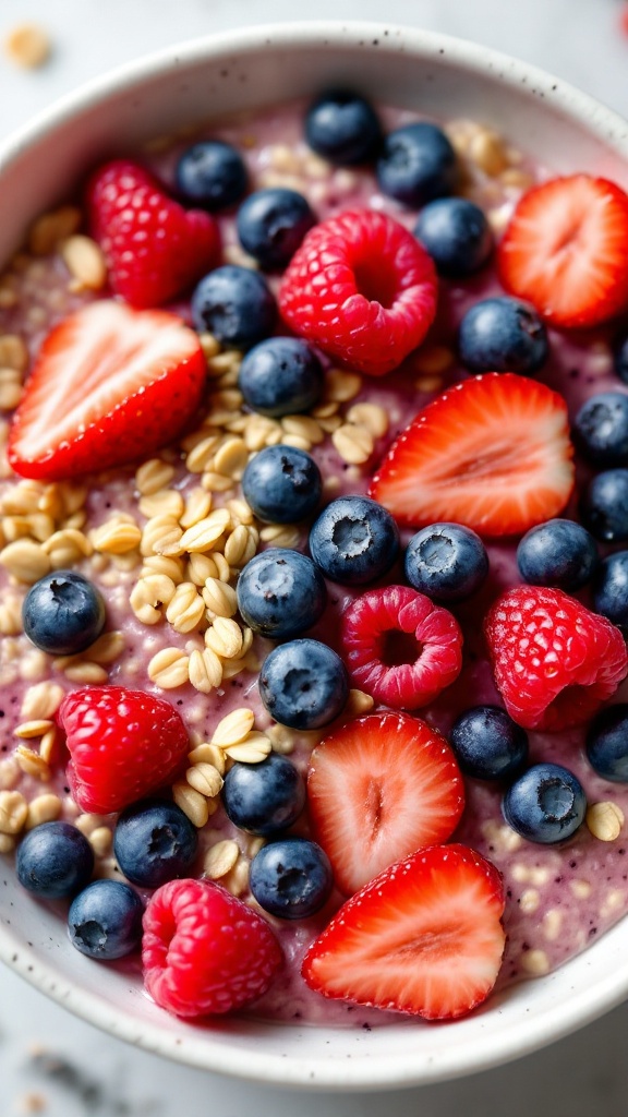 A jar of overnight oats topped with fresh berries.