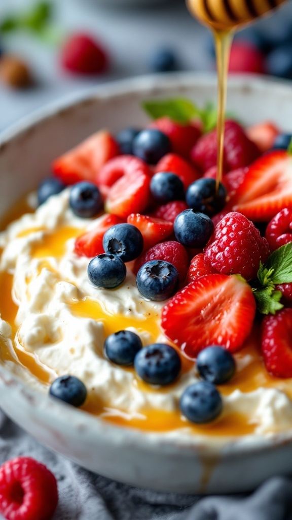 A delicious cottage cheese breakfast bowl topped with a variety of fresh berries and a drizzle of honey.
