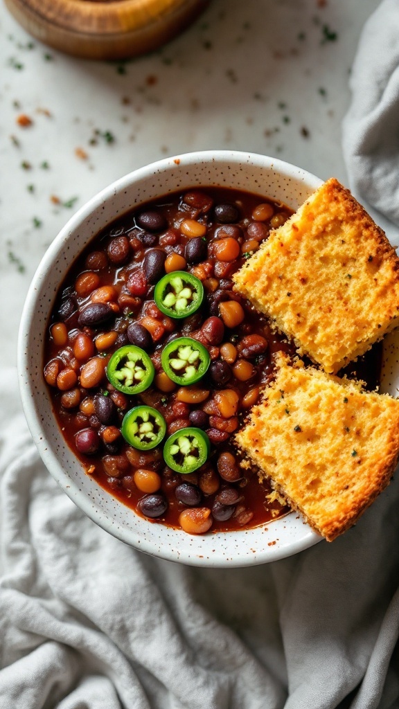 A comforting bowl of black bean chili with cornbread on the side.