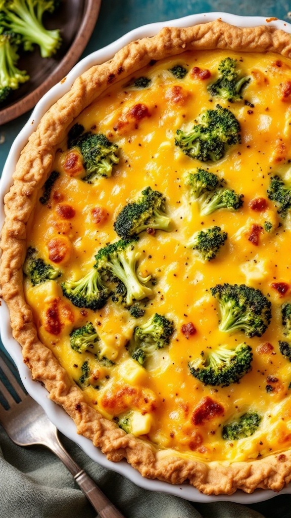 A delicious broccoli and cheddar cheese quiche, golden brown and topped with broccoli florets.