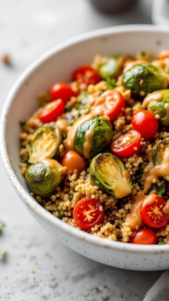 A delicious Brussels sprouts and quinoa bowl with cherry tomatoes and a creamy dressing.