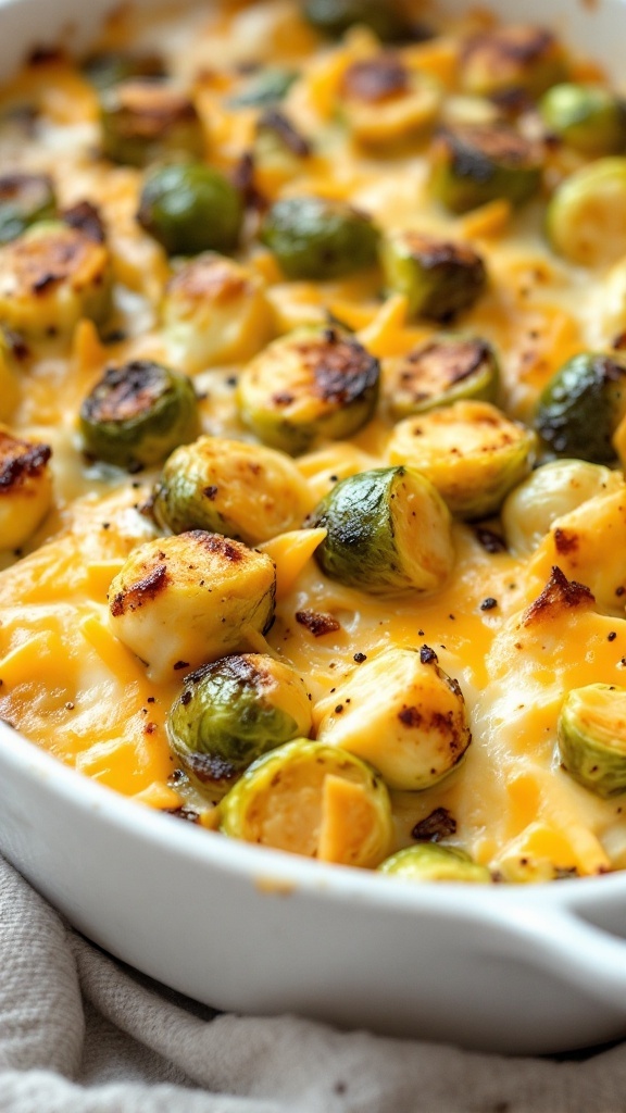 A dish of Brussels sprouts gratin with melted cheddar cheese on top.