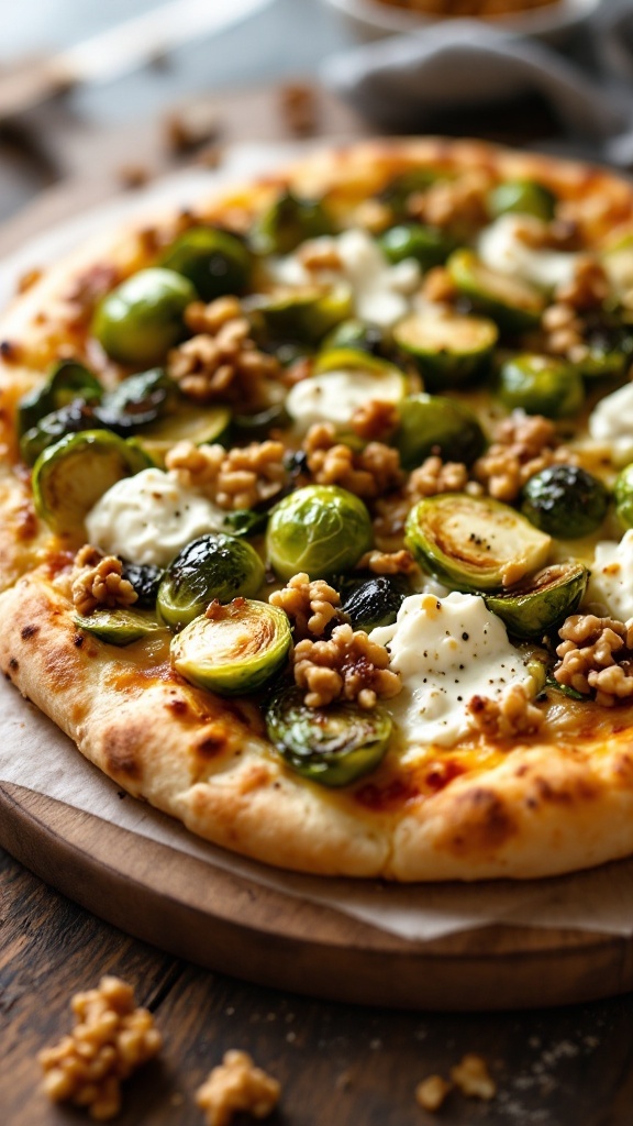 Brussels sprouts pizza topped with goat cheese and walnuts.