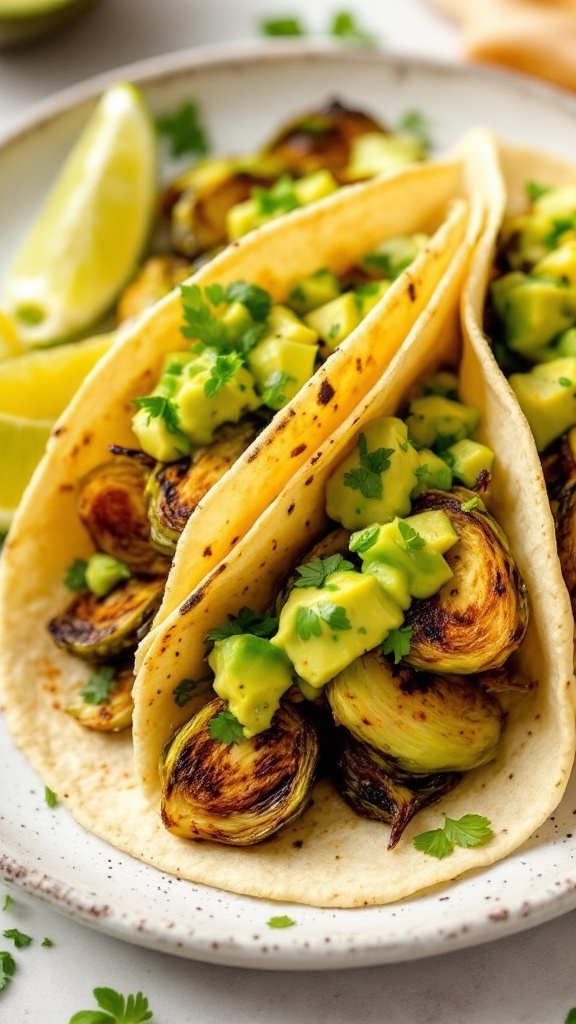 Brussels sprouts tacos with avocado salsa and lime