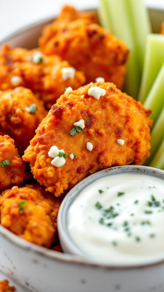 Buffalo Air Fryer Chicken Bites served with dipping sauce and celery sticks.