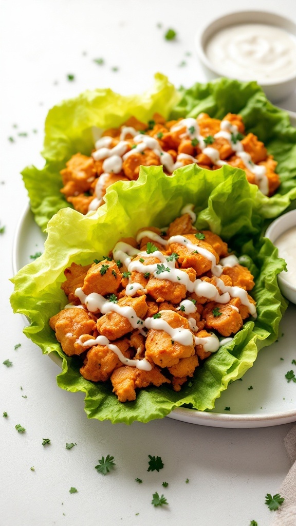 Buffalo chicken lettuce wraps topped with drizzled sauce and herbs.