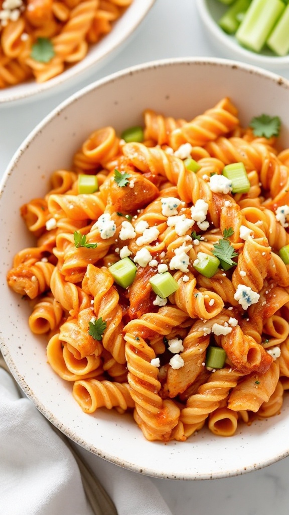 A bowl of Buffalo Chicken Pasta topped with green onions and cheese, showcasing a hearty, spicy dish.