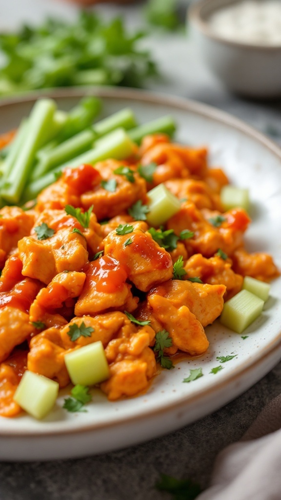 Buffalo Chicken Stir Fry with Celery dish served on a plate, garnished with parsley and celery sticks.