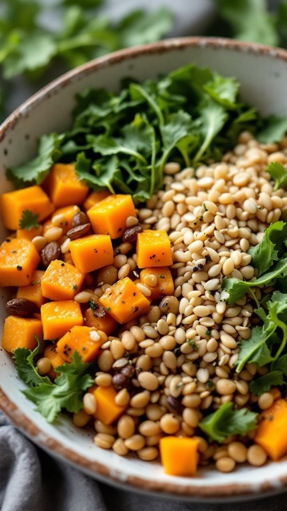 A vibrant bowl filled with roasted butternut squash, lentils, fresh greens, and topped with pumpkin seeds.