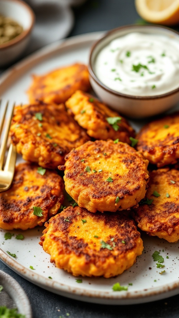 Golden-brown butternut squash fritters served with a yogurt dip