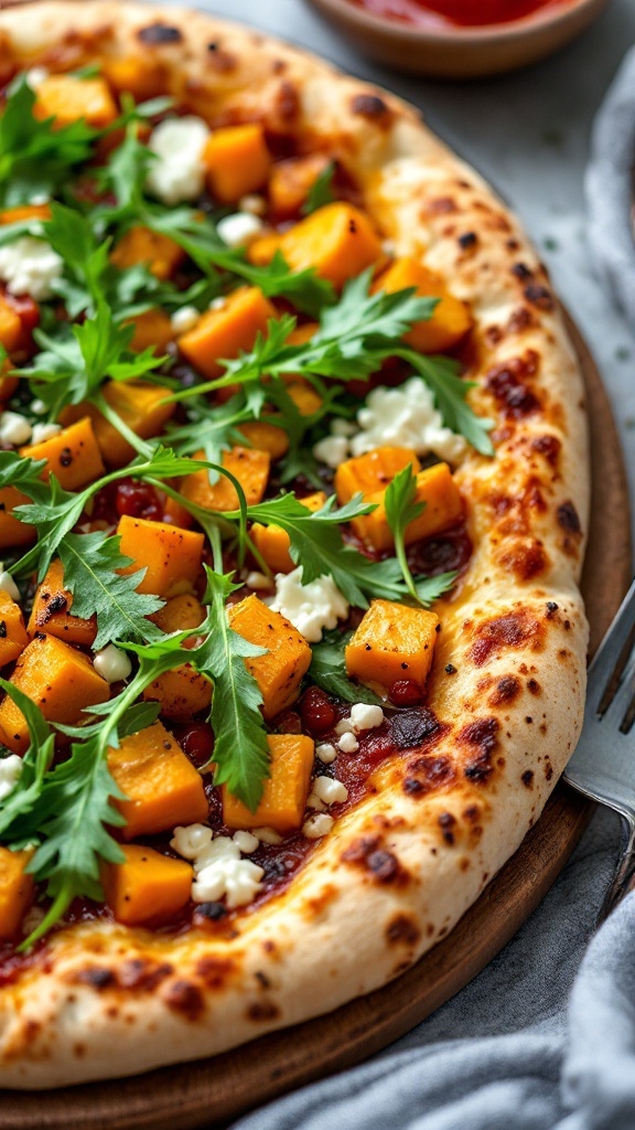 Butternut squash pizza topped with goat cheese and arugula