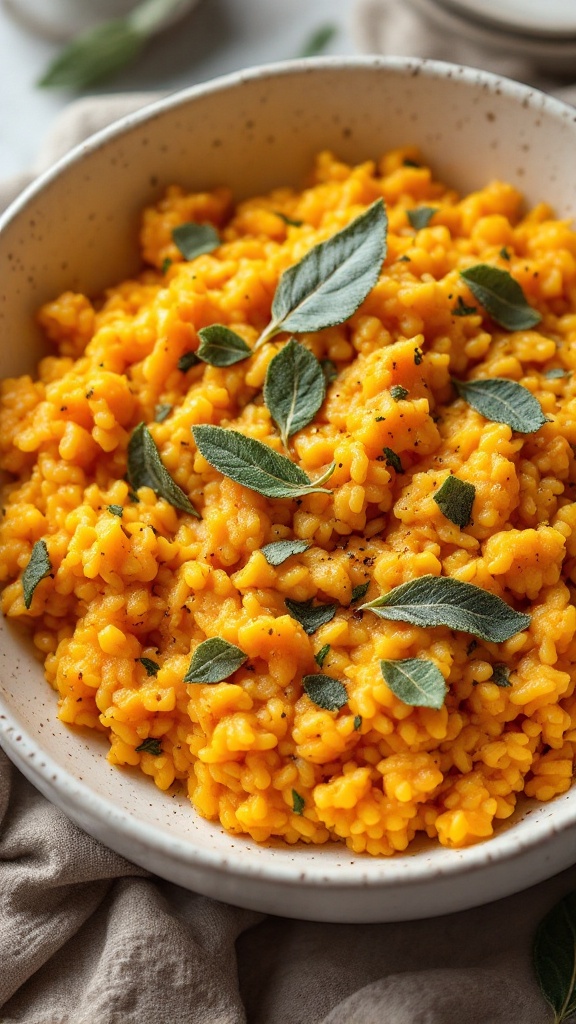 A creamy bowl of butternut squash risotto topped with fresh sage leaves.