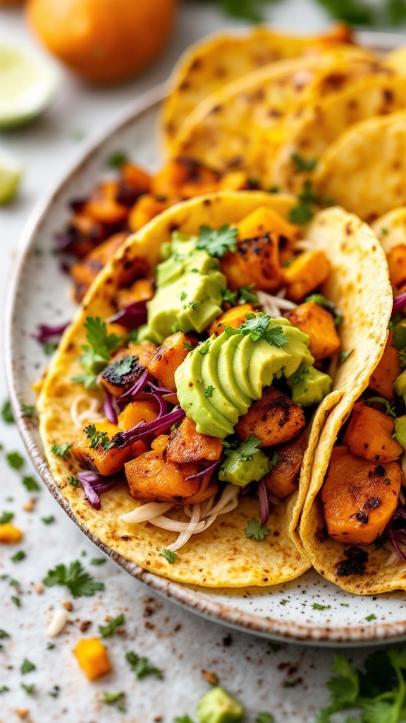 Butternut squash tacos topped with avocado salsa, garnished with cilantro and served on a plate.