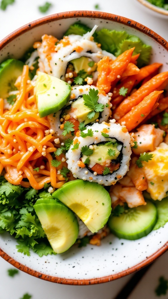 A delicious California roll sushi bowl with avocado, cucumber, crab, and garnishes.