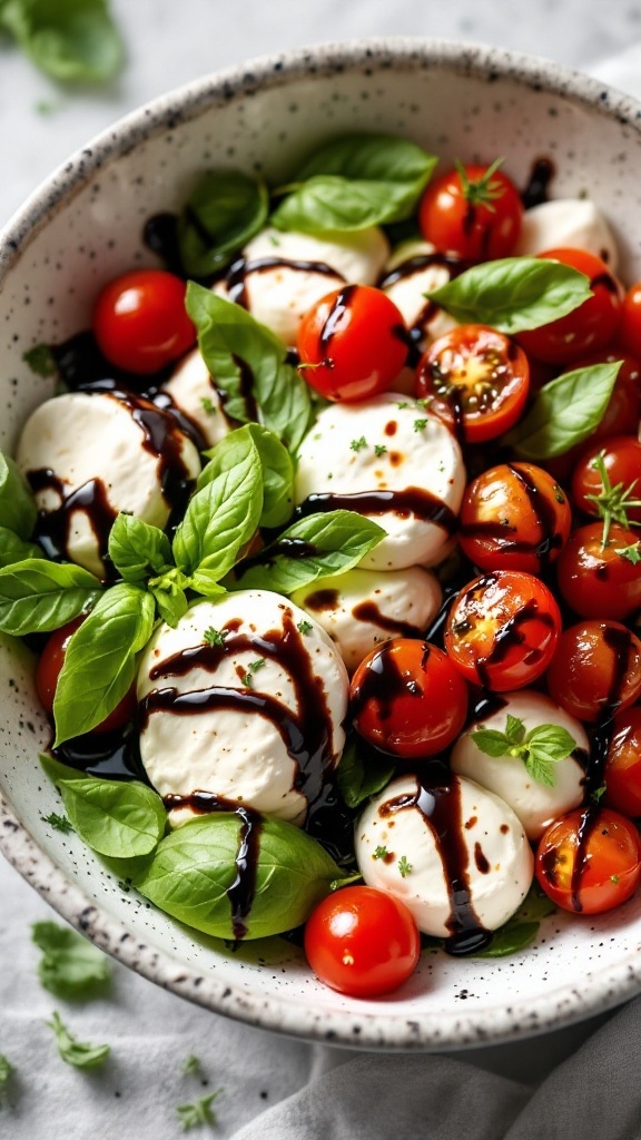 A fresh Caprese Cottage Cheese Bowl with cherry tomatoes, basil, and balsamic drizzle.